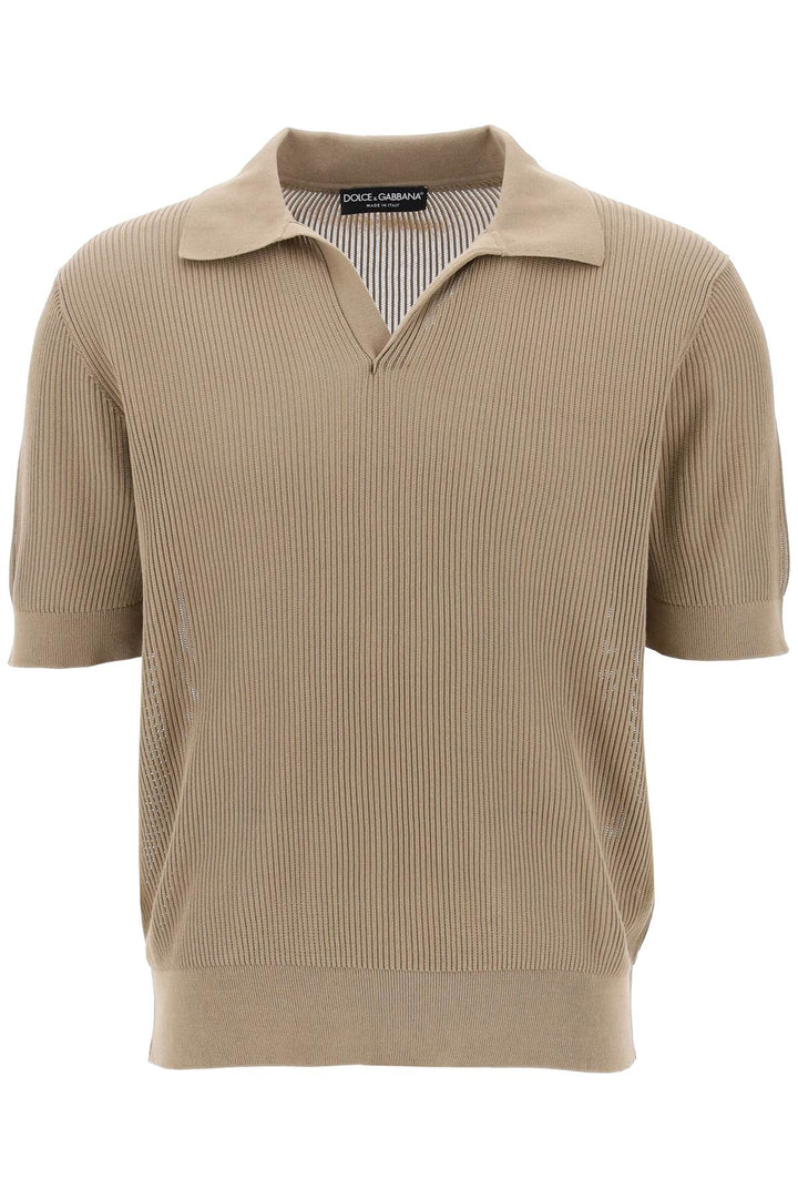Dolce & Gabbana Cotton Ribbed Perforated Polo Shirt   Beige
