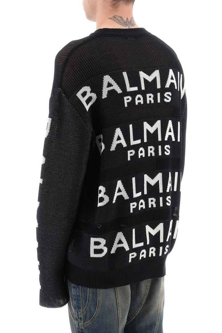 Balmain Cotton Pullover With All Over Logo   Black