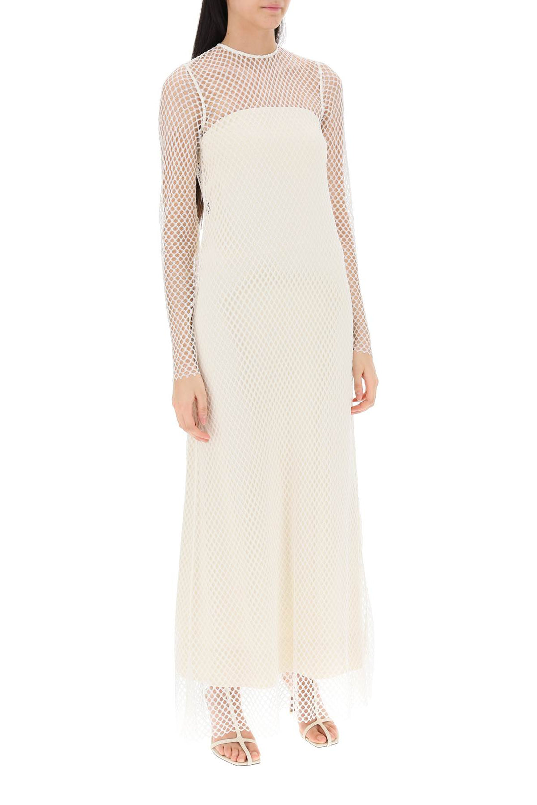 Toteme Layered Maxi Dress In Fishnet Lace   Bianco