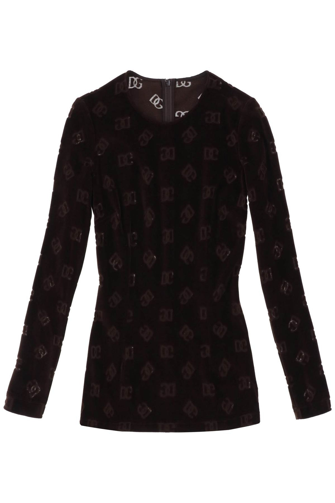 Dolce & Gabbana Long Sleeved Top In Monogram Chenille   Marrone