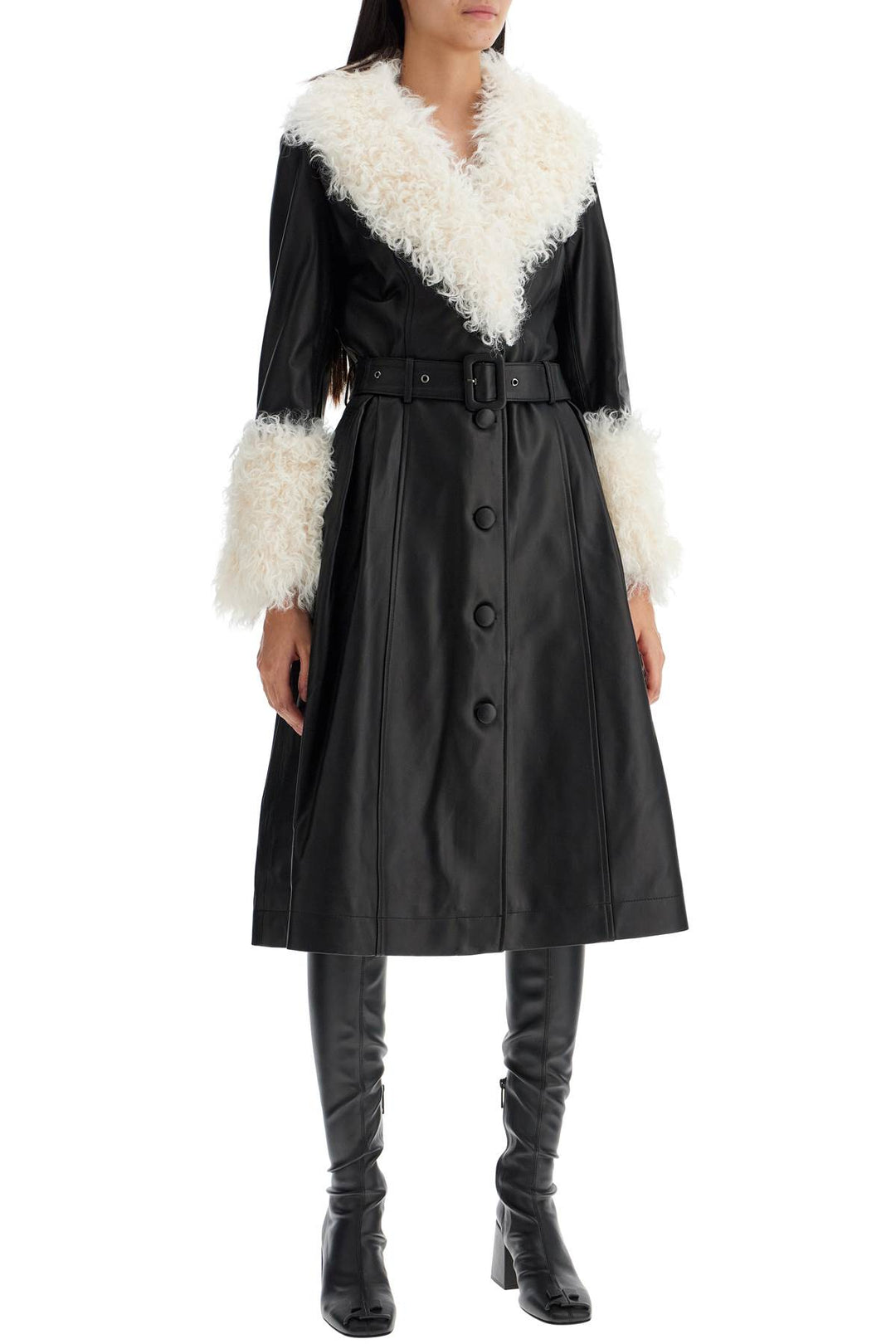 Saks Potts Foxy Leather And Shearling Long Coat   Black