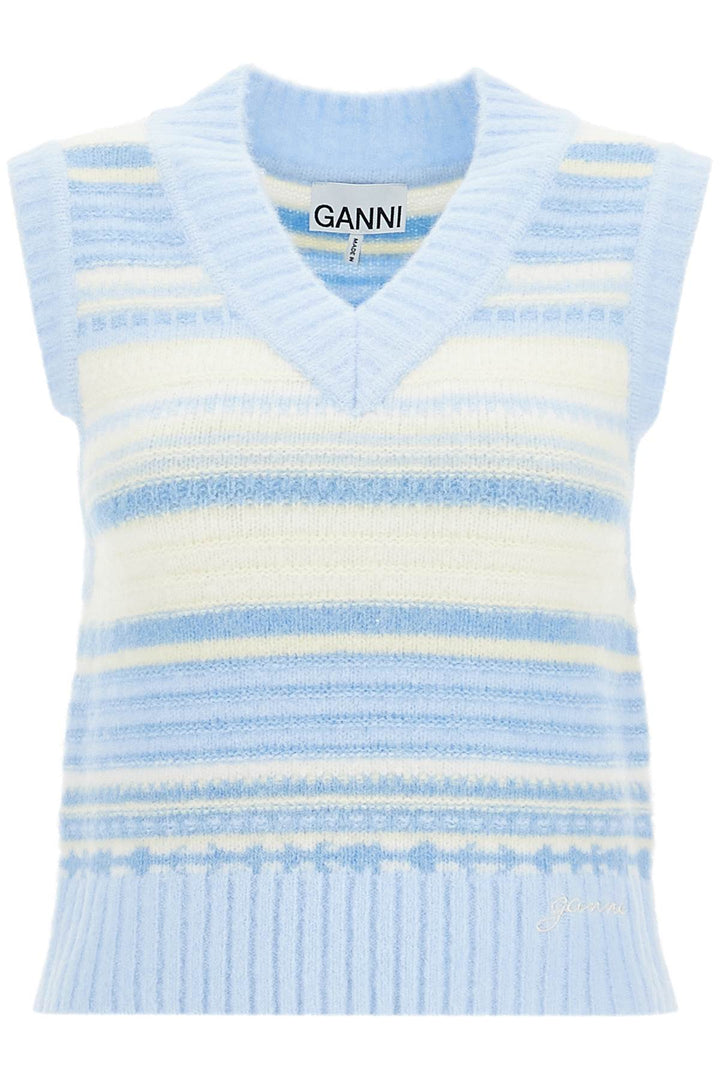 Ganni Soft Striped Knit Vest With A Comfortable   Light Blue
