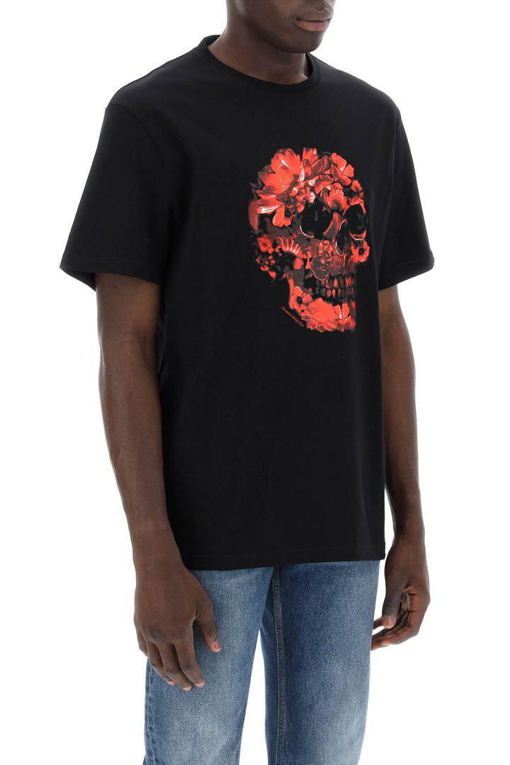 Alexander Mcqueen Wax Flower Skull Printed T Shirt   Black