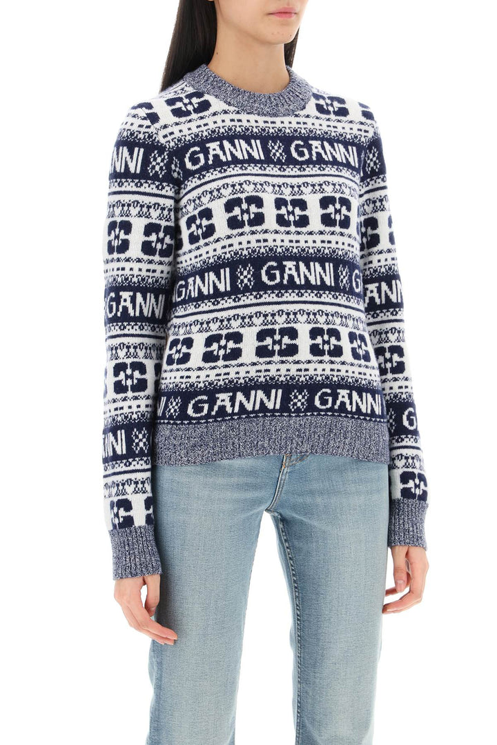 Ganni Jacquard Wool Sweater With Logo Pattern   White