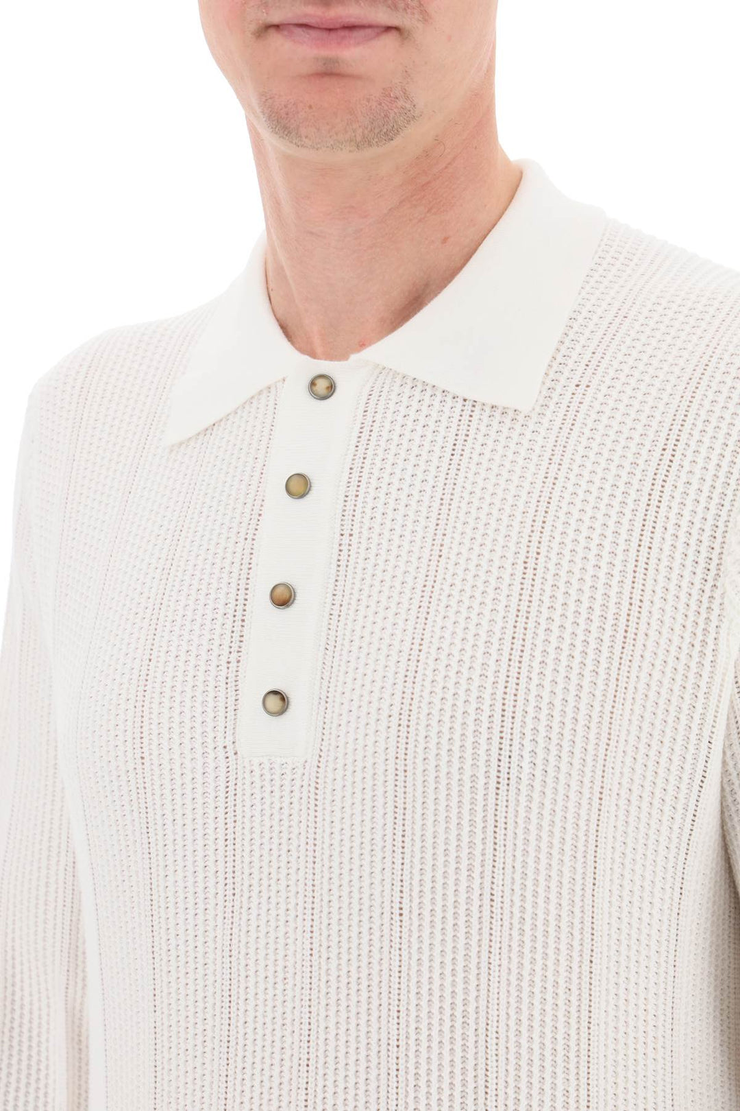 Brunello Cucinelli Long Sleeved Knitted Polo Shirt   Bianco