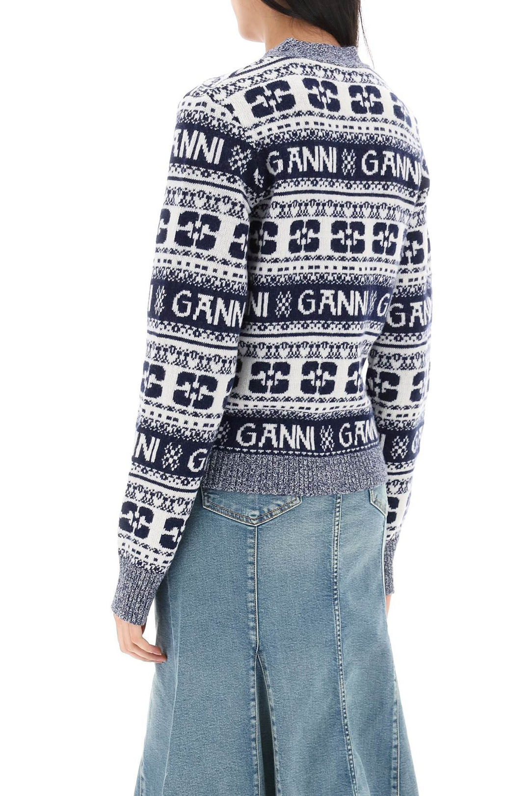 Ganni Jacquard Wool Cardigan With Logo Pattern   Bianco