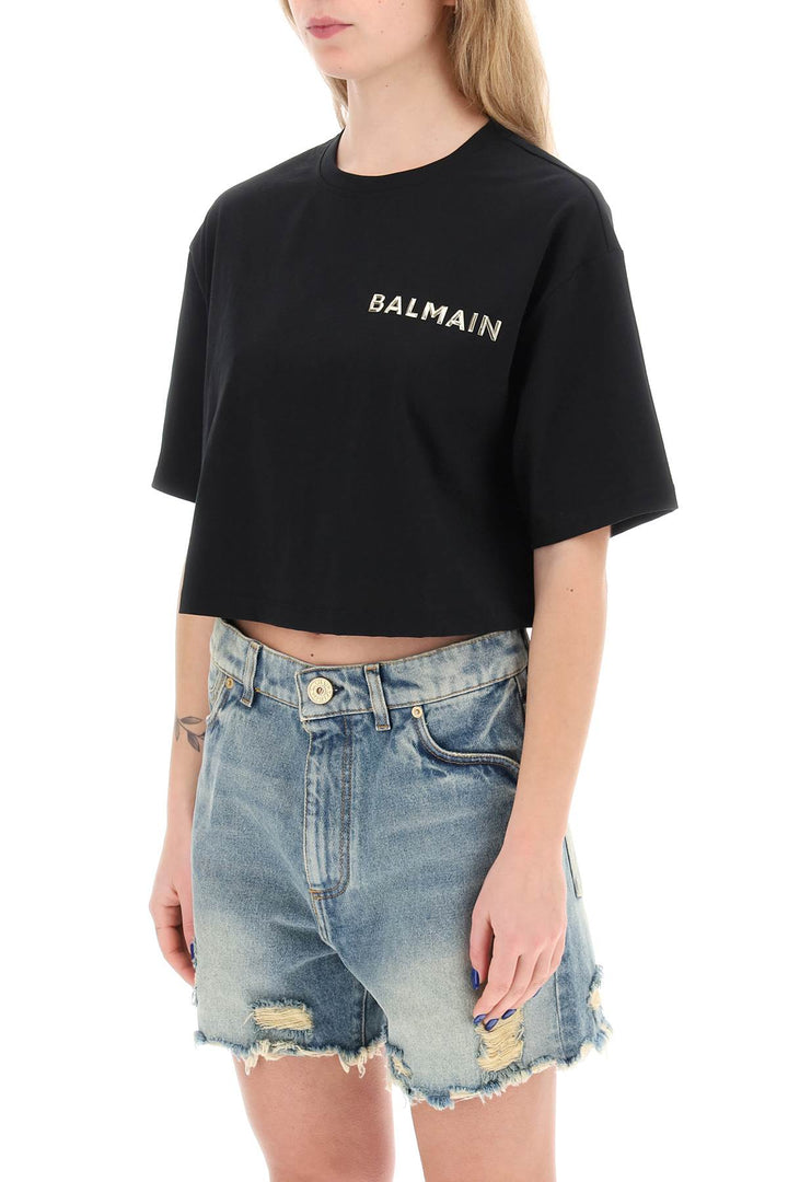 Balmain Cropped T Shirt With Metallic Logo   Black