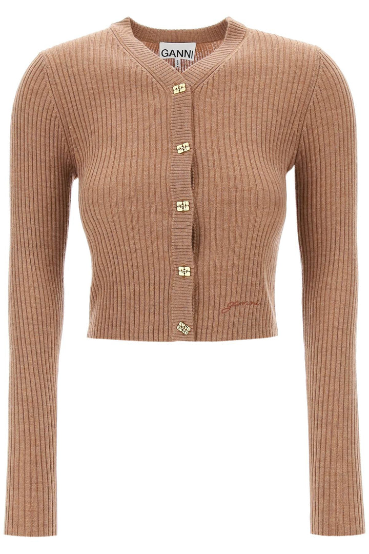 Ganni Replace With Double Quotemerino Wool Mini Cardigan   Brown