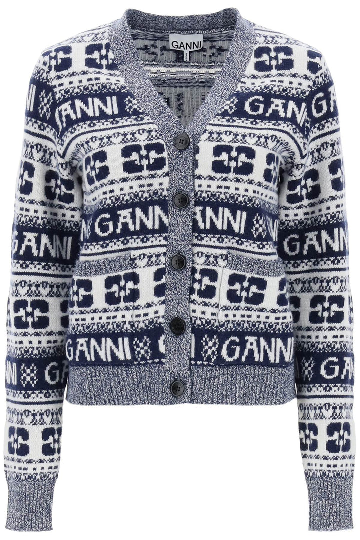 Ganni Jacquard Wool Cardigan With Logo Pattern   Bianco