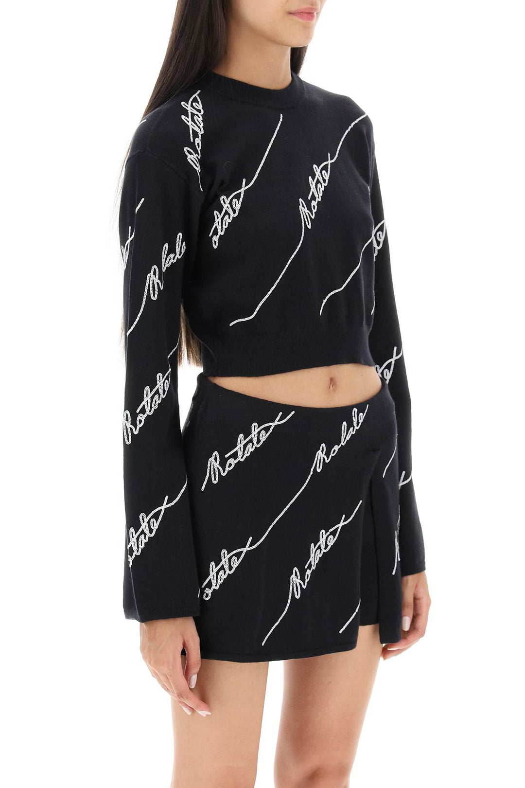 Rotate Sequined Logo Cropped Sweater   Nero