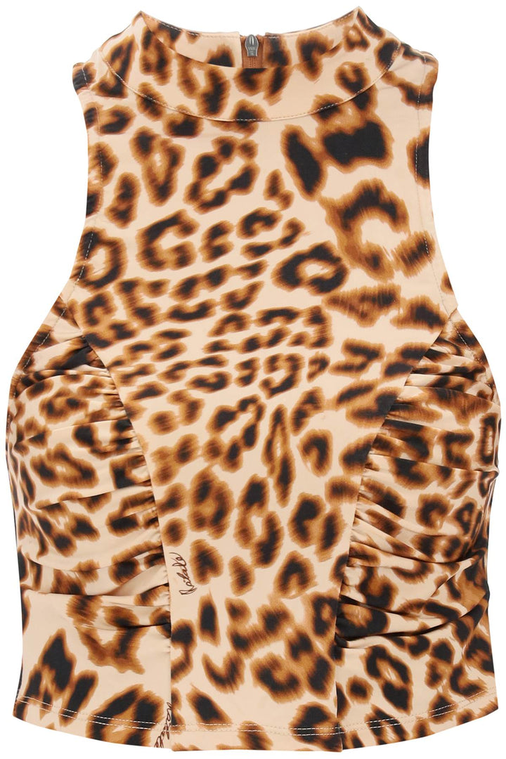 Rotate Leopard Print Jersey Crop Top   Beige
