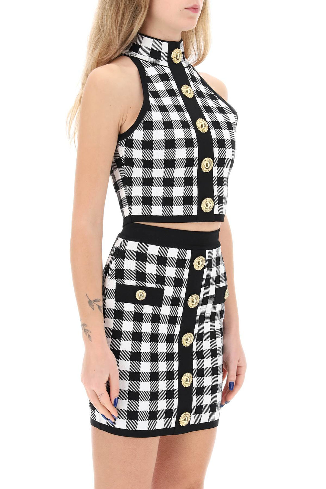 Balmain Gingham Knit Cropped Top With Embossed Buttons   White