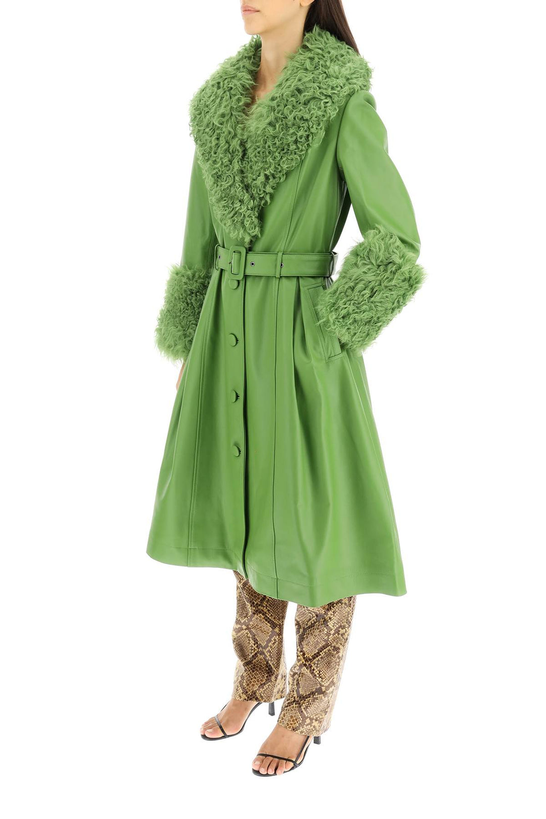 Saks Potts Foxy Leather And Shearling Long Coat   Verde