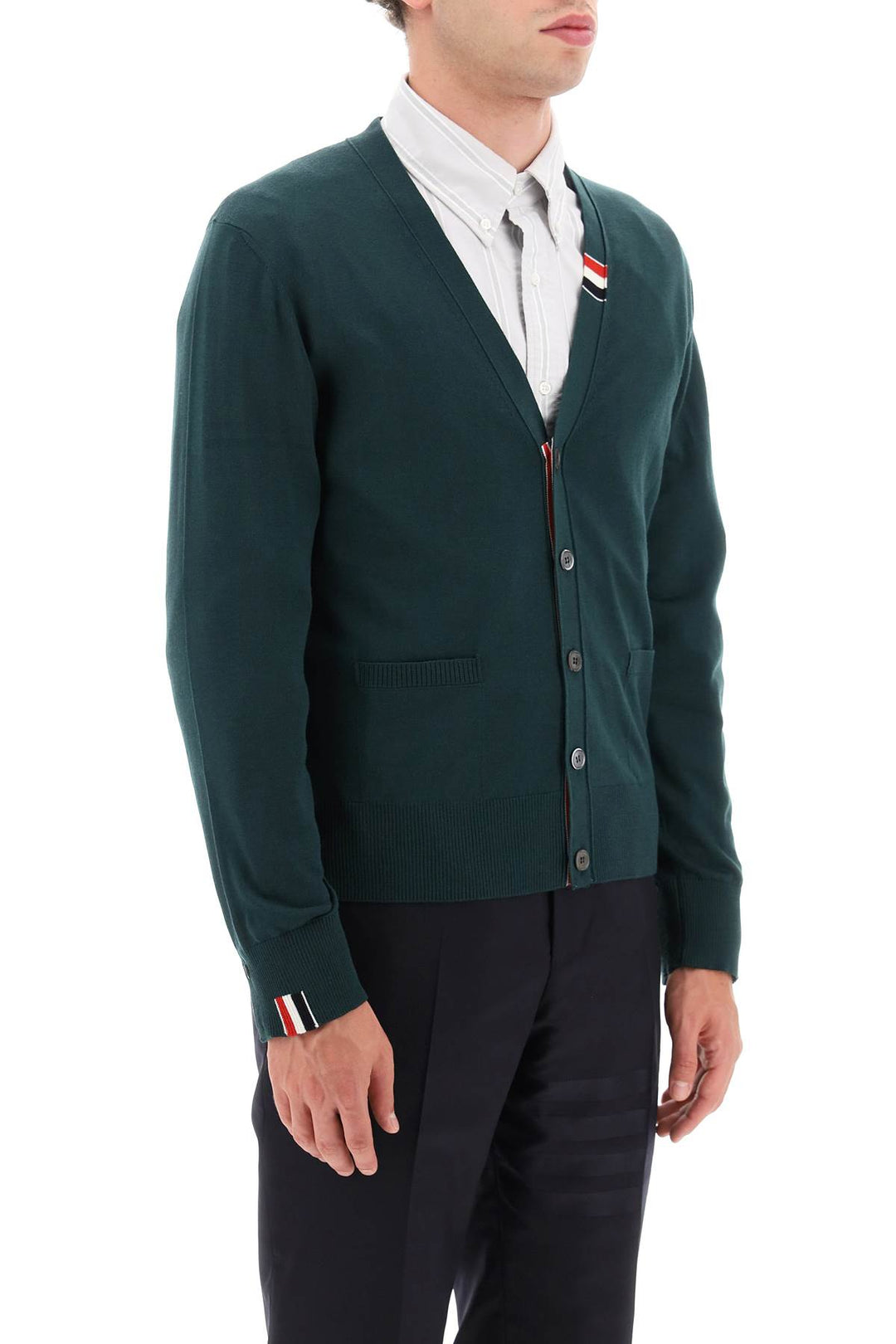 Thom Browne Merino Wool V Neck Cardigan   Green