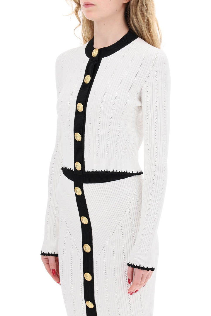 Balmain Bicolor Knit Cardigan With Embossed Buttons   Bianco