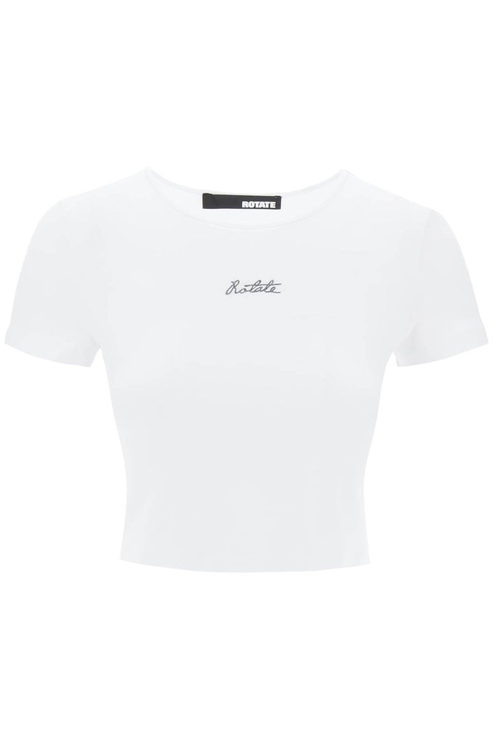Rotate Cropped T Shirt With Embroidered Lurex Logo   Bianco