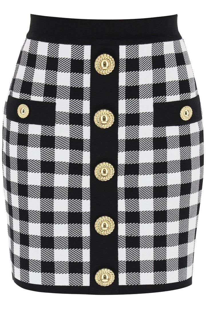 Balmain Gingham Knit Mini Skirt With Embossed Buttons   White