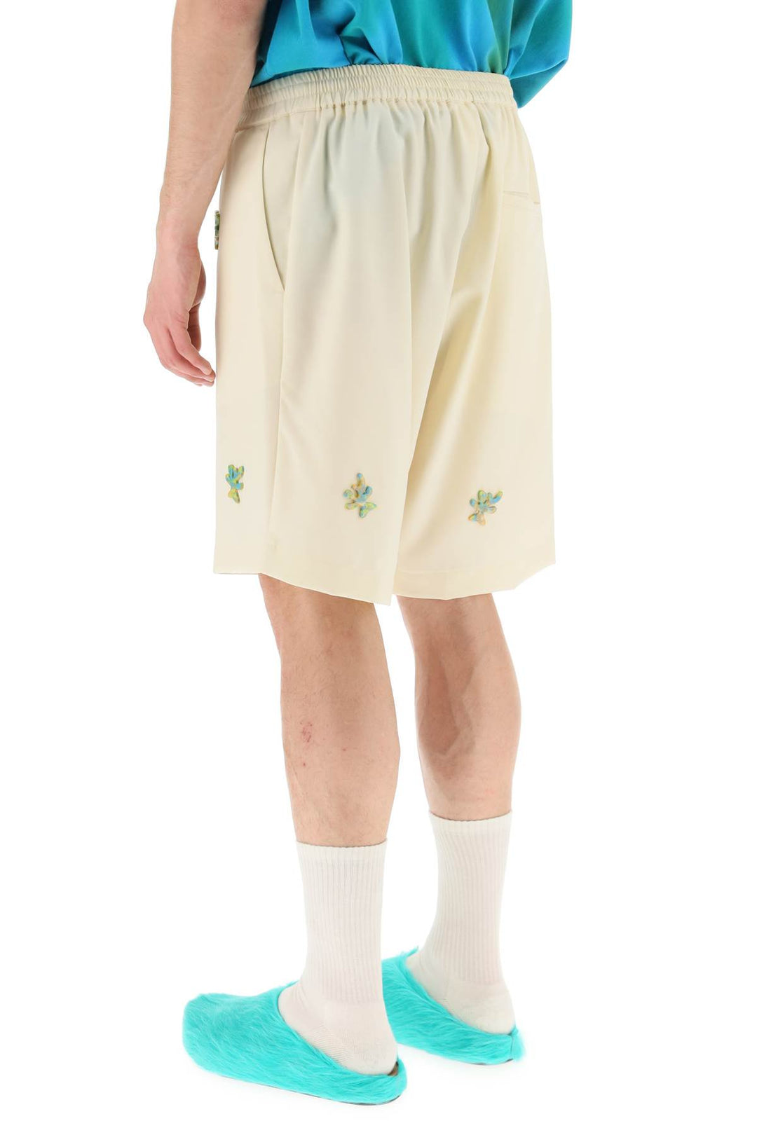 Bonsai Applique Wool Shorts   Bianco