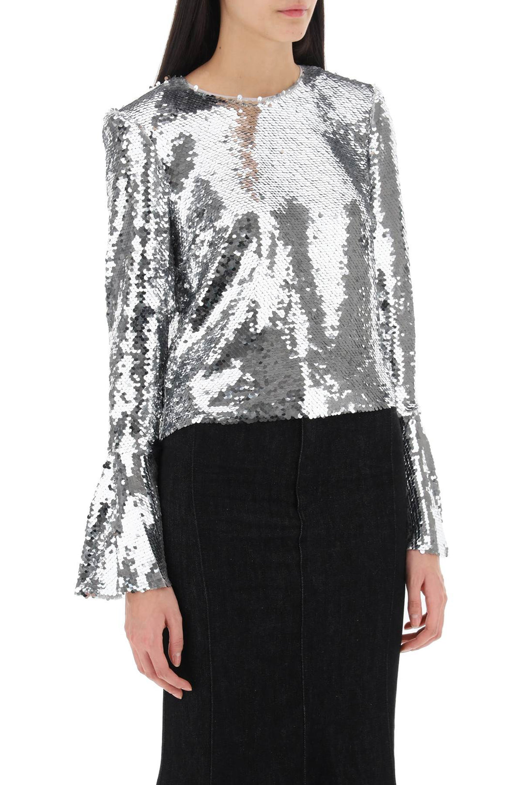 Self Portrait Sequined Cropped Top   Argento