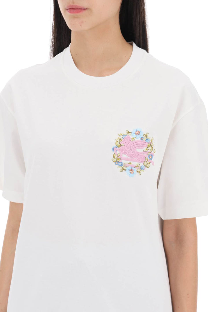 Etro Floral Pegasus Embroidered T Shirt   Bianco