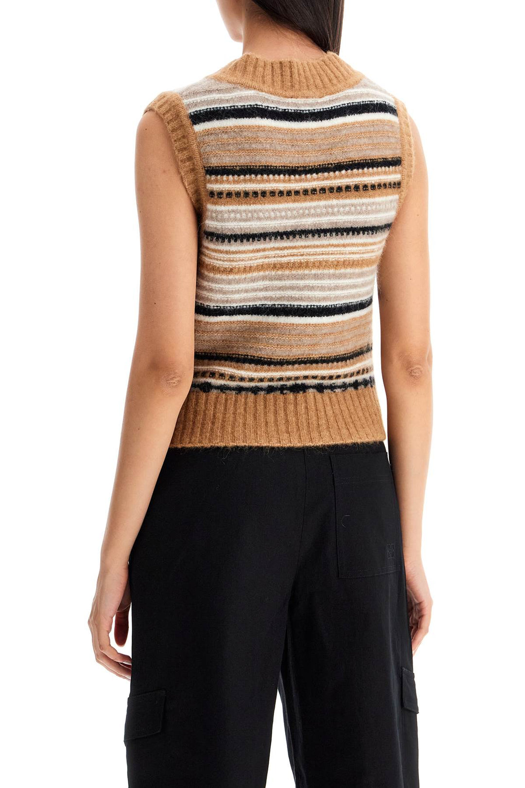 Ganni Soft Striped Knit Vest With A Comfortable   Beige