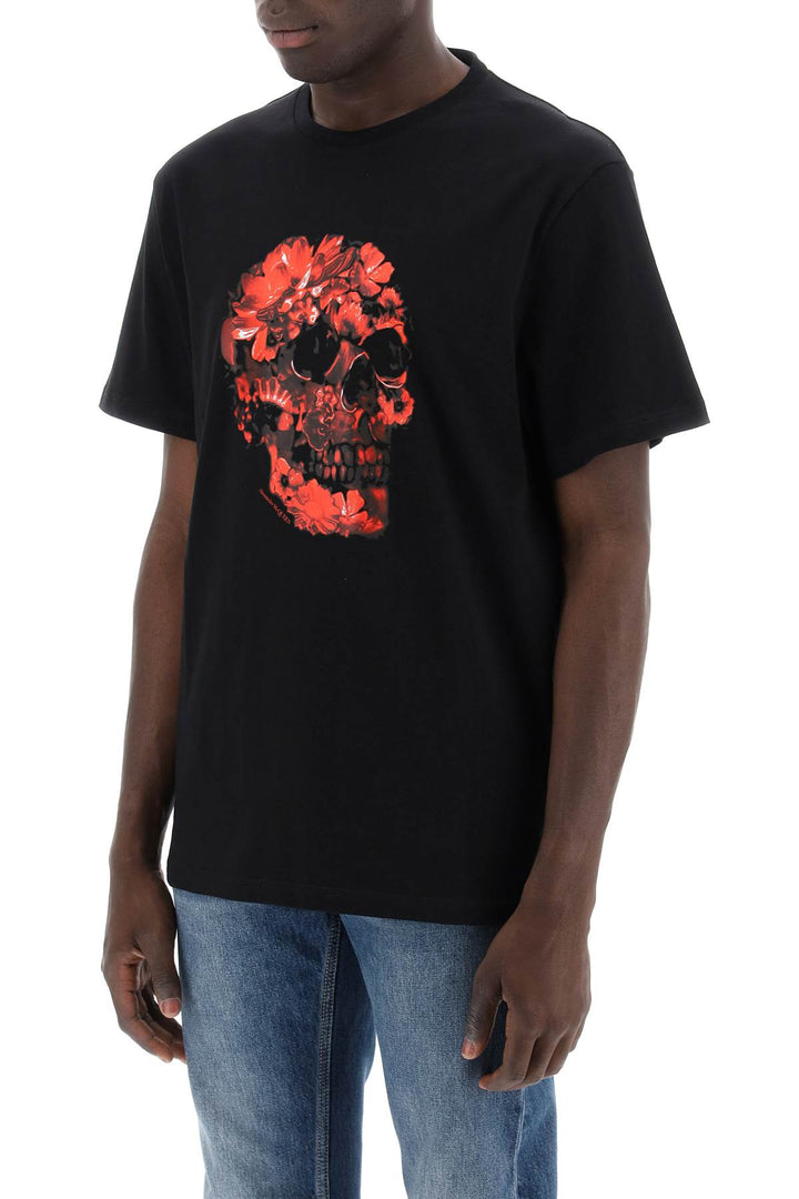 Alexander Mcqueen Wax Flower Skull Printed T Shirt   Black