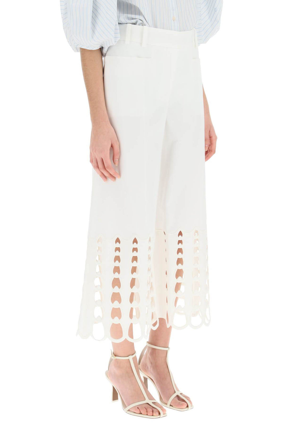 Stella Mc Cartney Cropped Pants With Embroidered Hem   Bianco