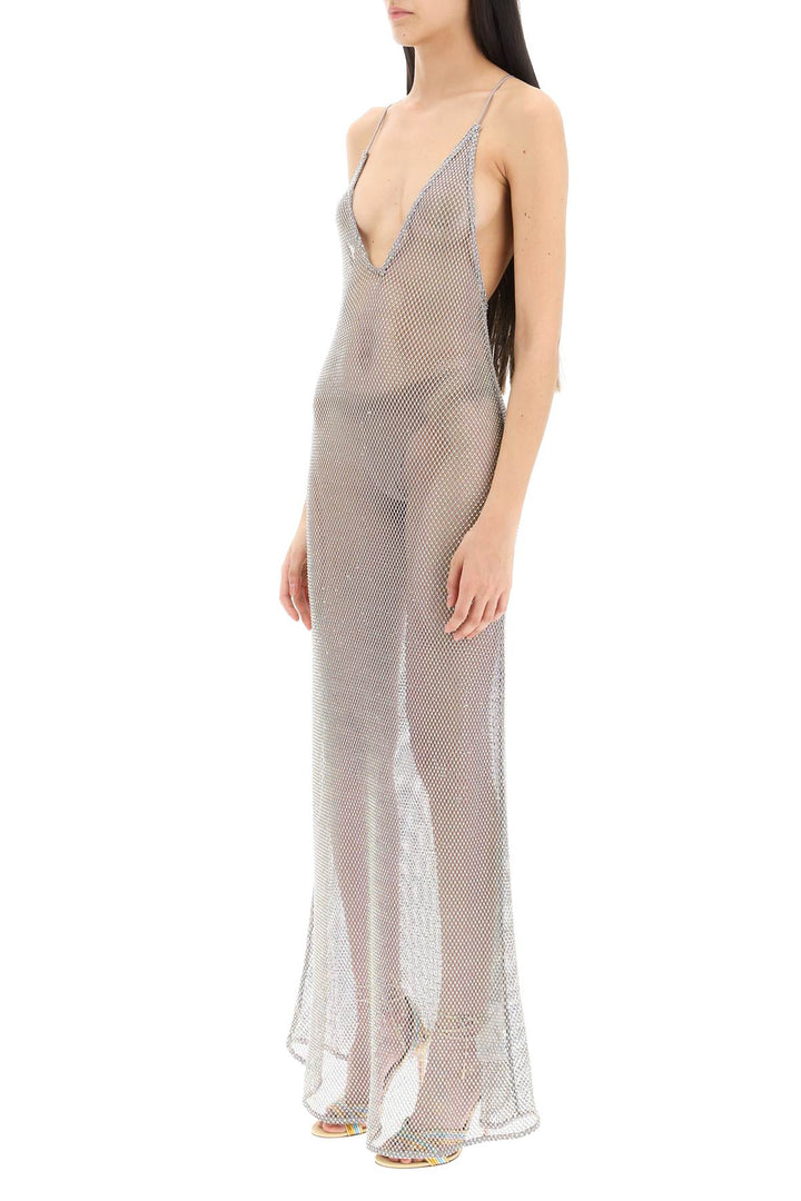 Ganni Long Mesh Dress With Crystals   Argento