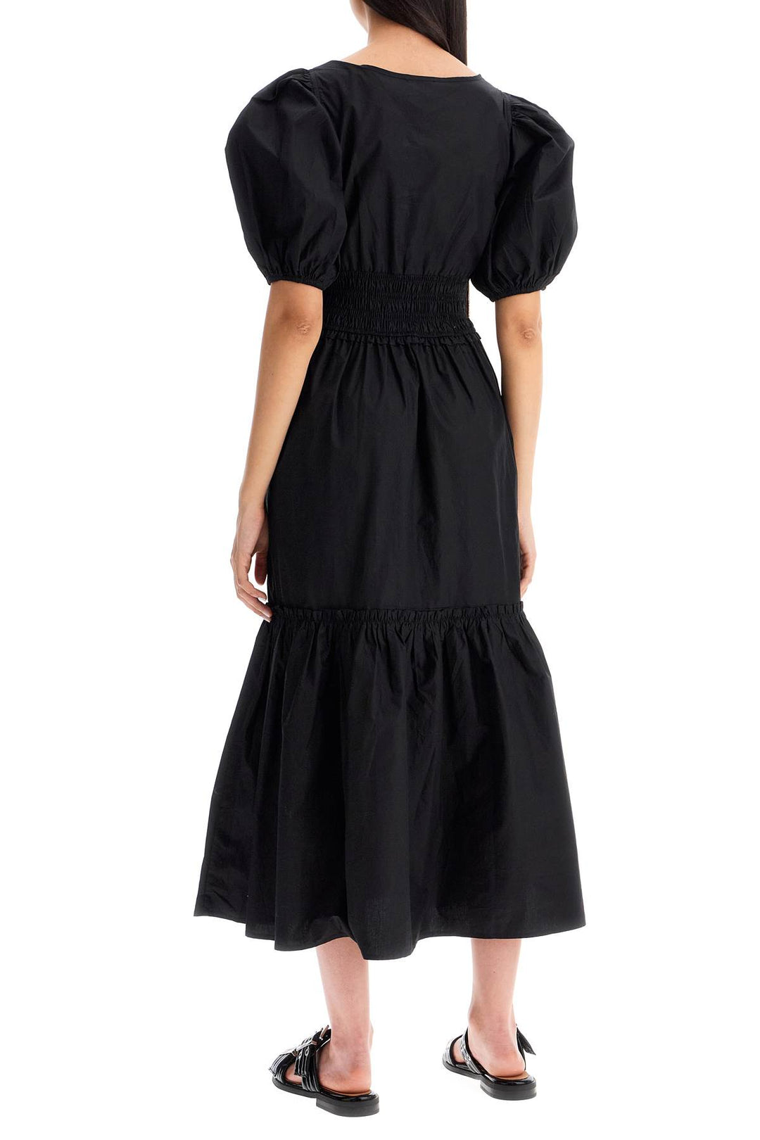 Ganni Midi Dress With Smock Stitching   Black