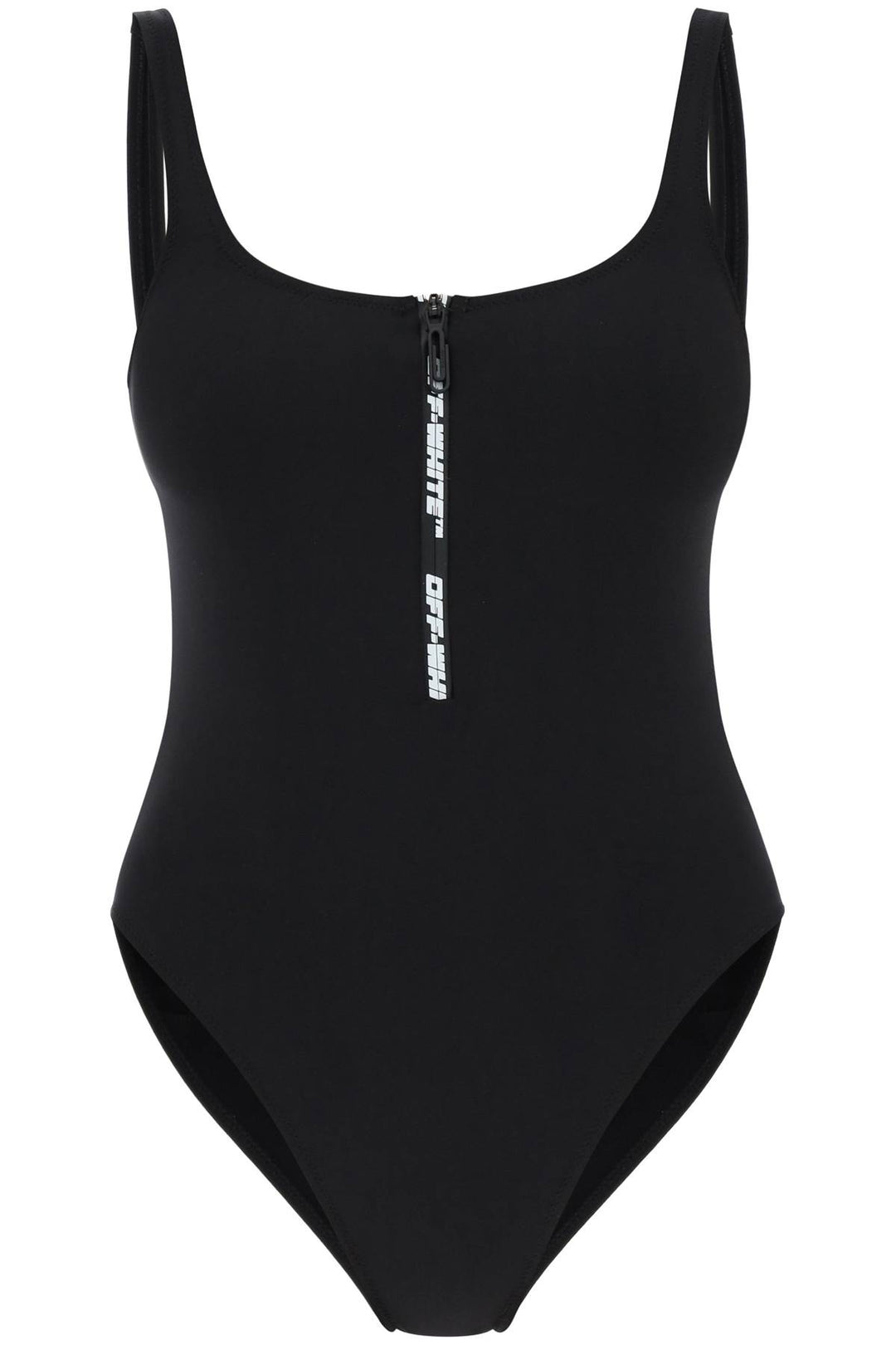 Off White One Piece Swimsuit With Zip And Logo   Black