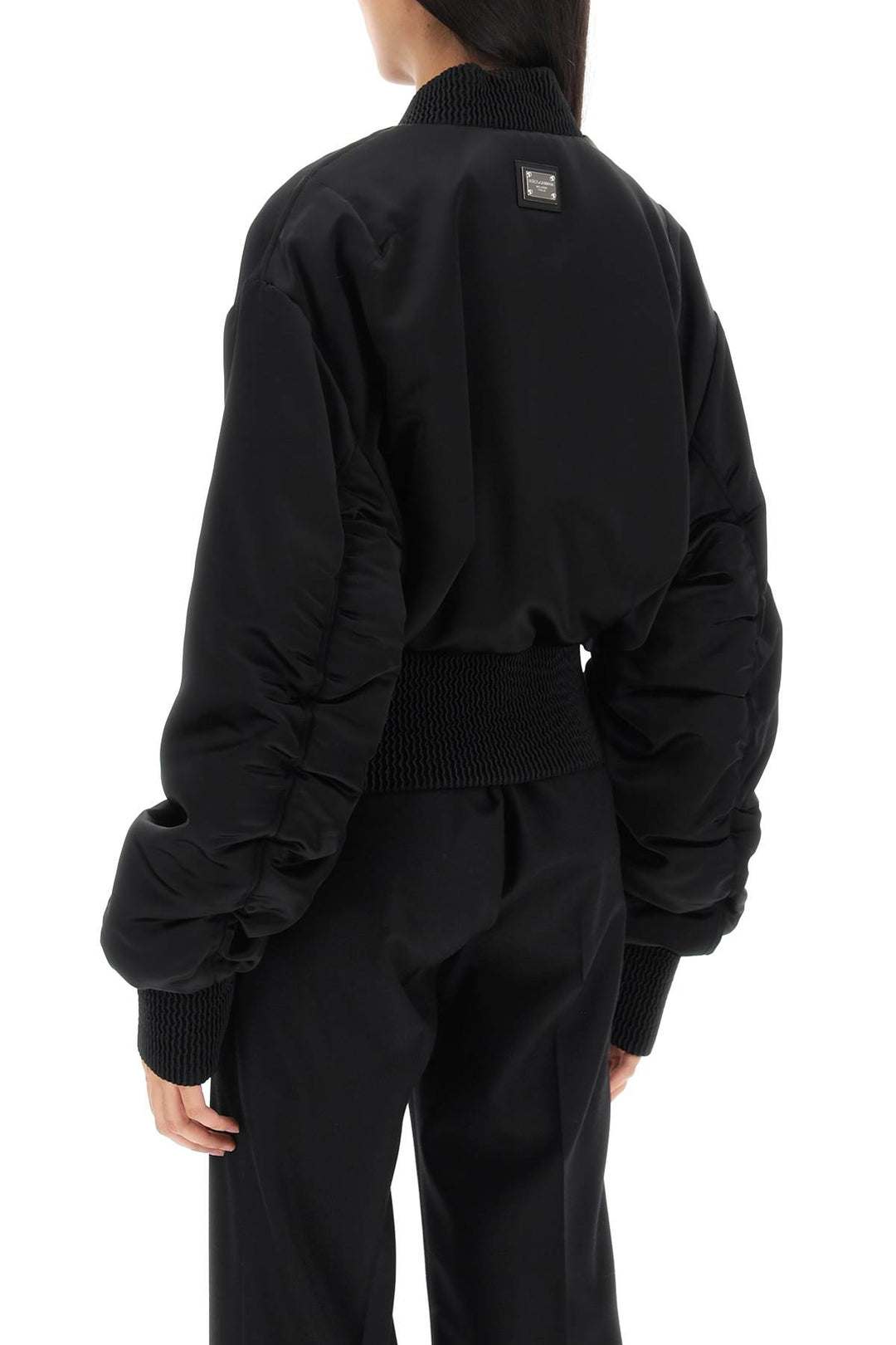 Dolce & Gabbana Charmeuse Bomber Jacket With Draped Sleeves   Nero