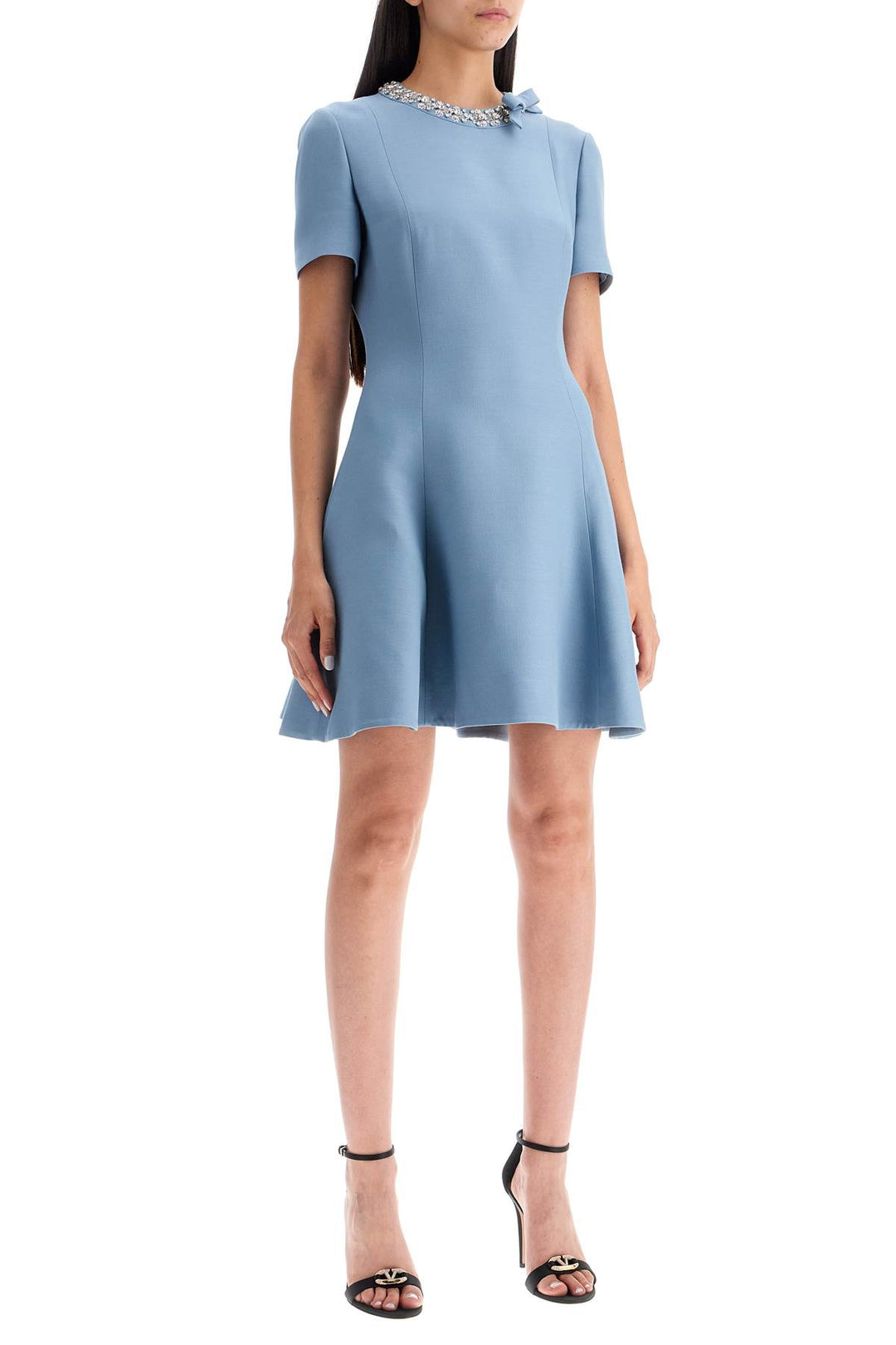 Valentino Garavani Short Crepe Couture Dress With Embroidery   Light Blue