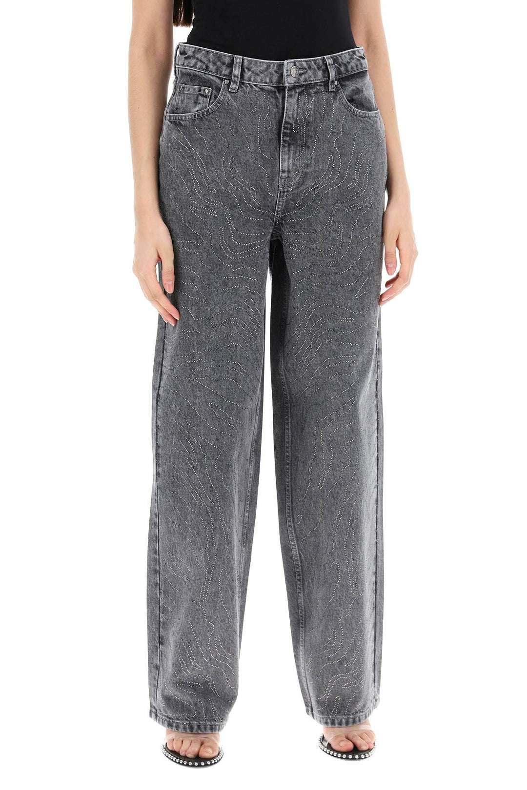 Rotate Wide Leg Jeans With Rhinest   Grey