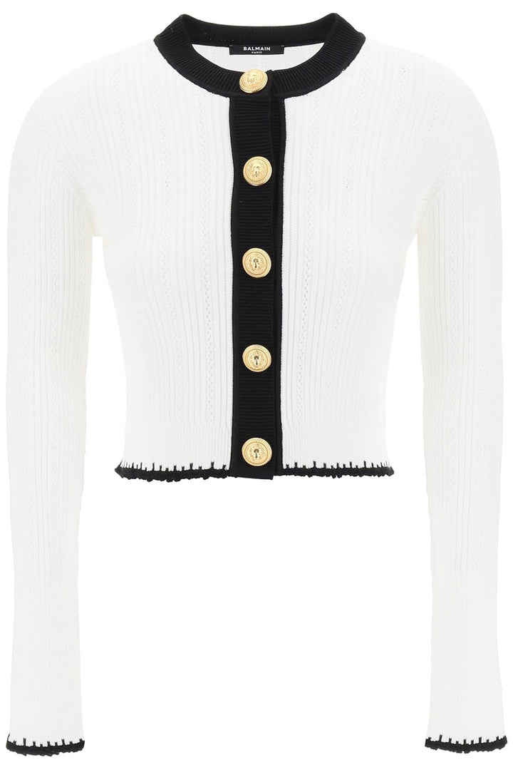 Balmain Bicolor Knit Cardigan With Embossed Buttons   Bianco