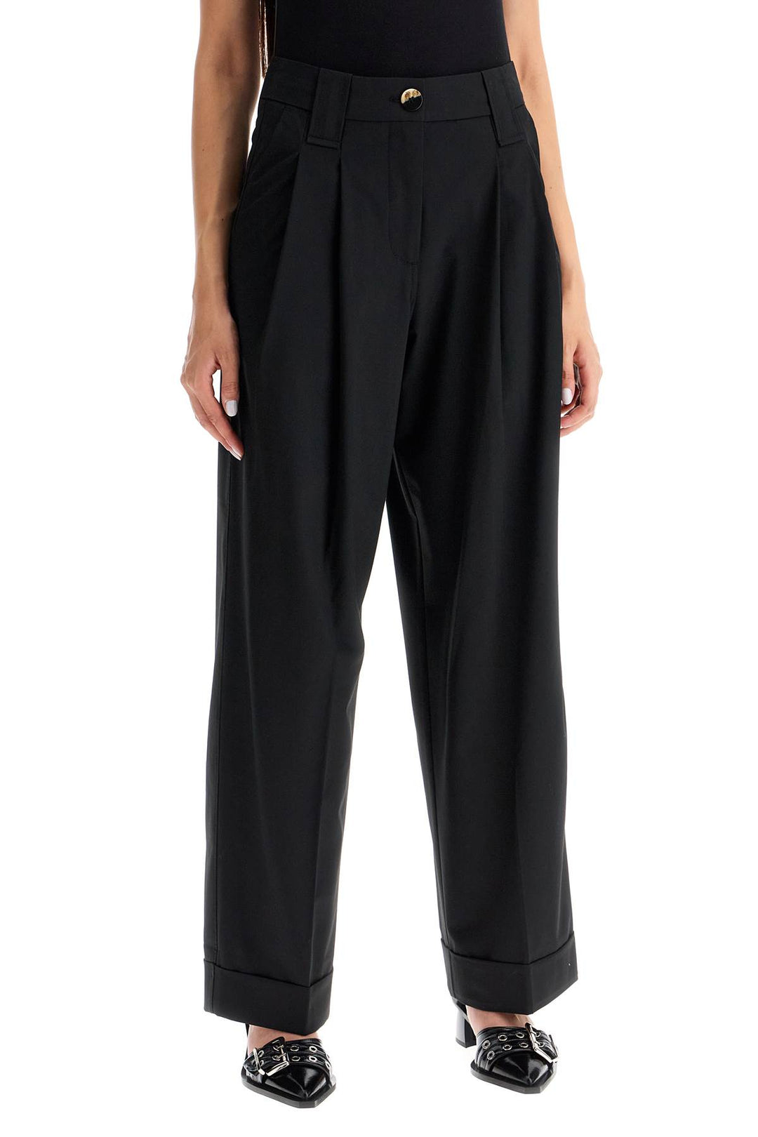Ganni Flowy Trousers With Two Ple   Black