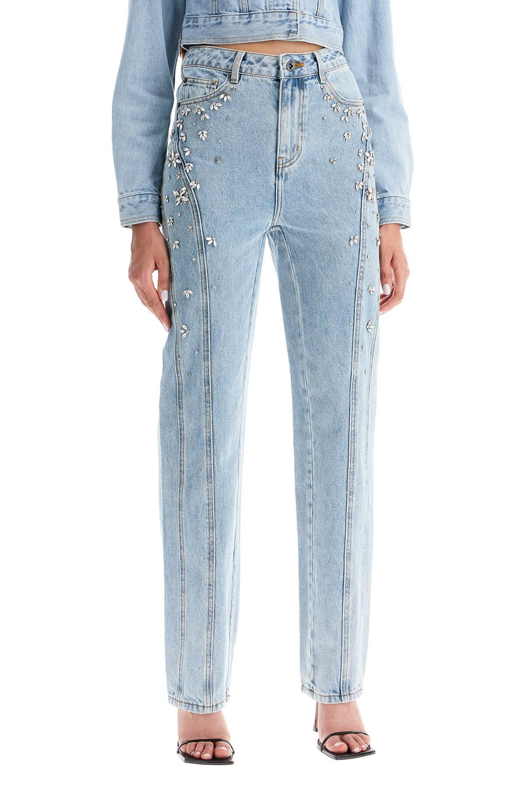 Self Portrait Straight Jeans With Crystals   Blue