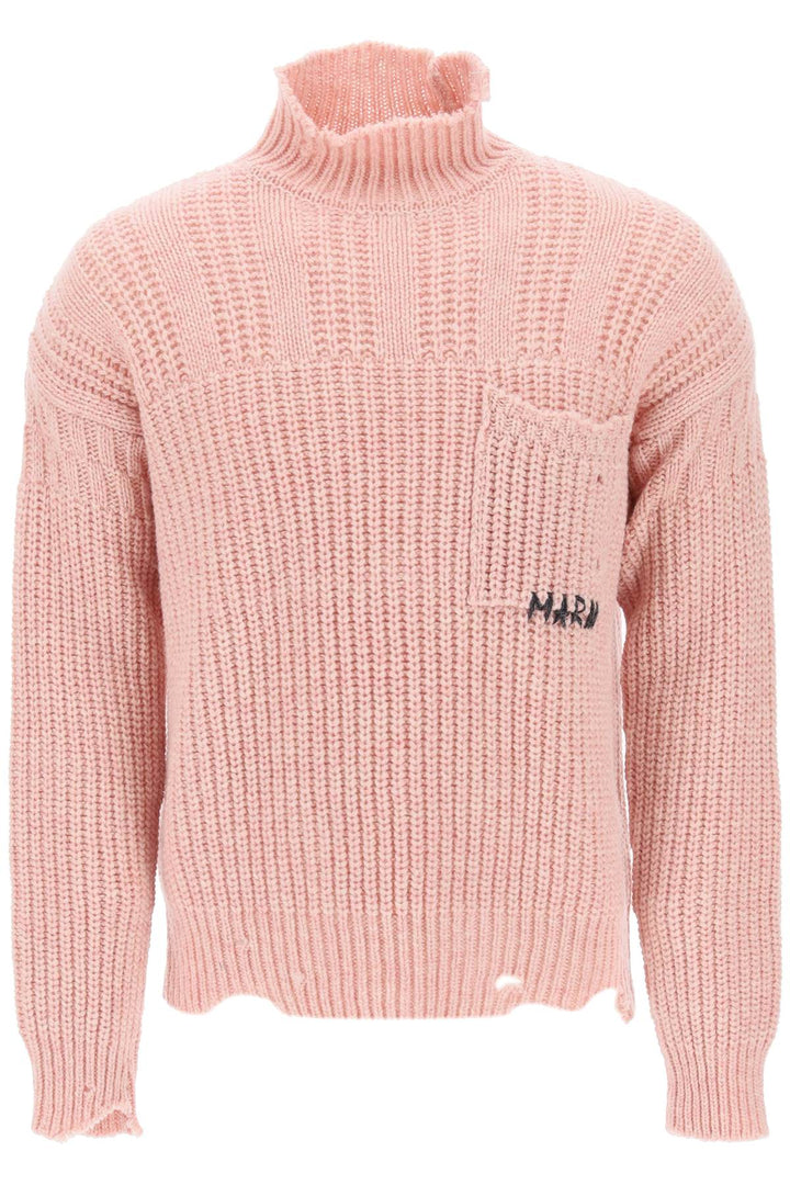 Marni Funnel Neck Sweater In Destroyed Effect Wool   Rosa