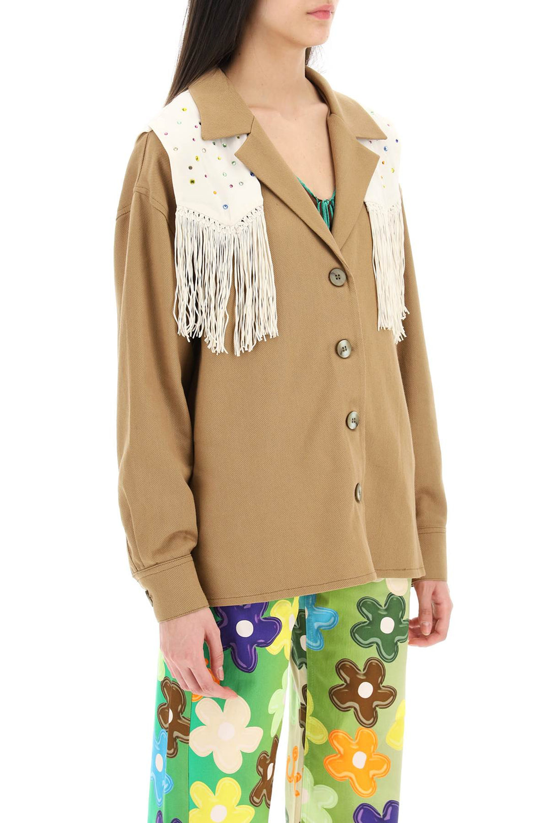 Siedres Overshirt With Embroidered Fringed Panel   Marrone
