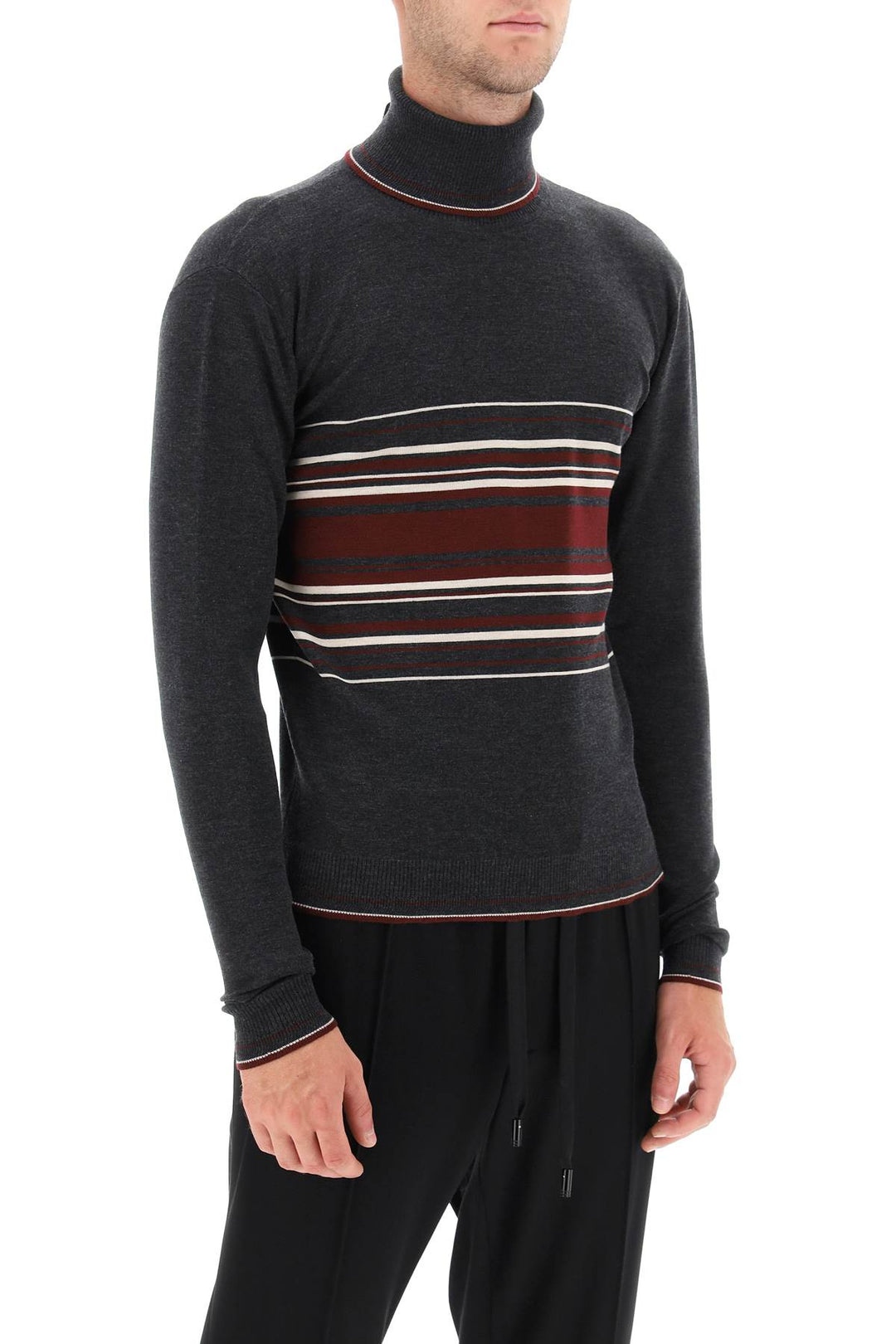 Dolce & Gabbana Striped Wool Turtleneck Sweater   Grigio