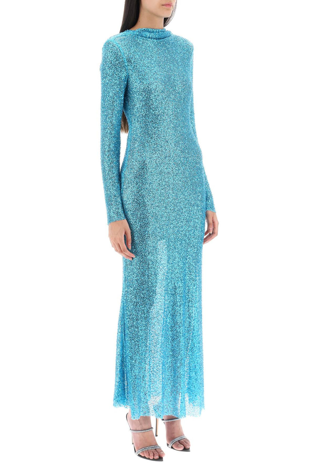 Self Portrait Long Sleeved Maxi Dress With Sequins And Beads   Light Blue