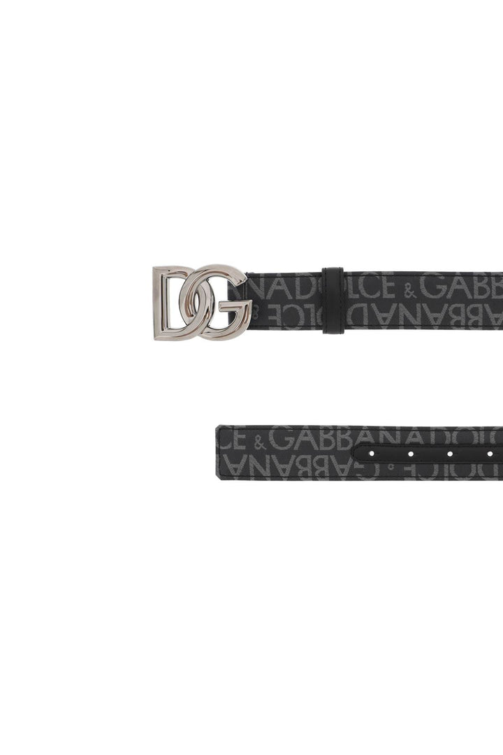 Dolce & Gabbana Coated Jacquard Logo Belt With Dg Buckle   Black