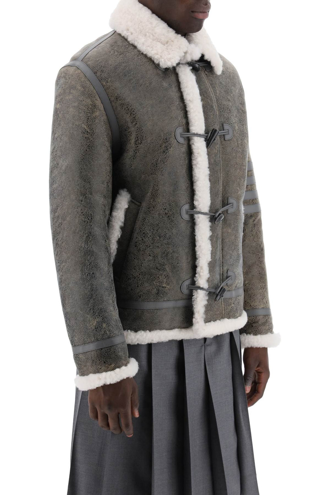 Thom Browne Shearling Cropped Montgomery Jacket   Grey