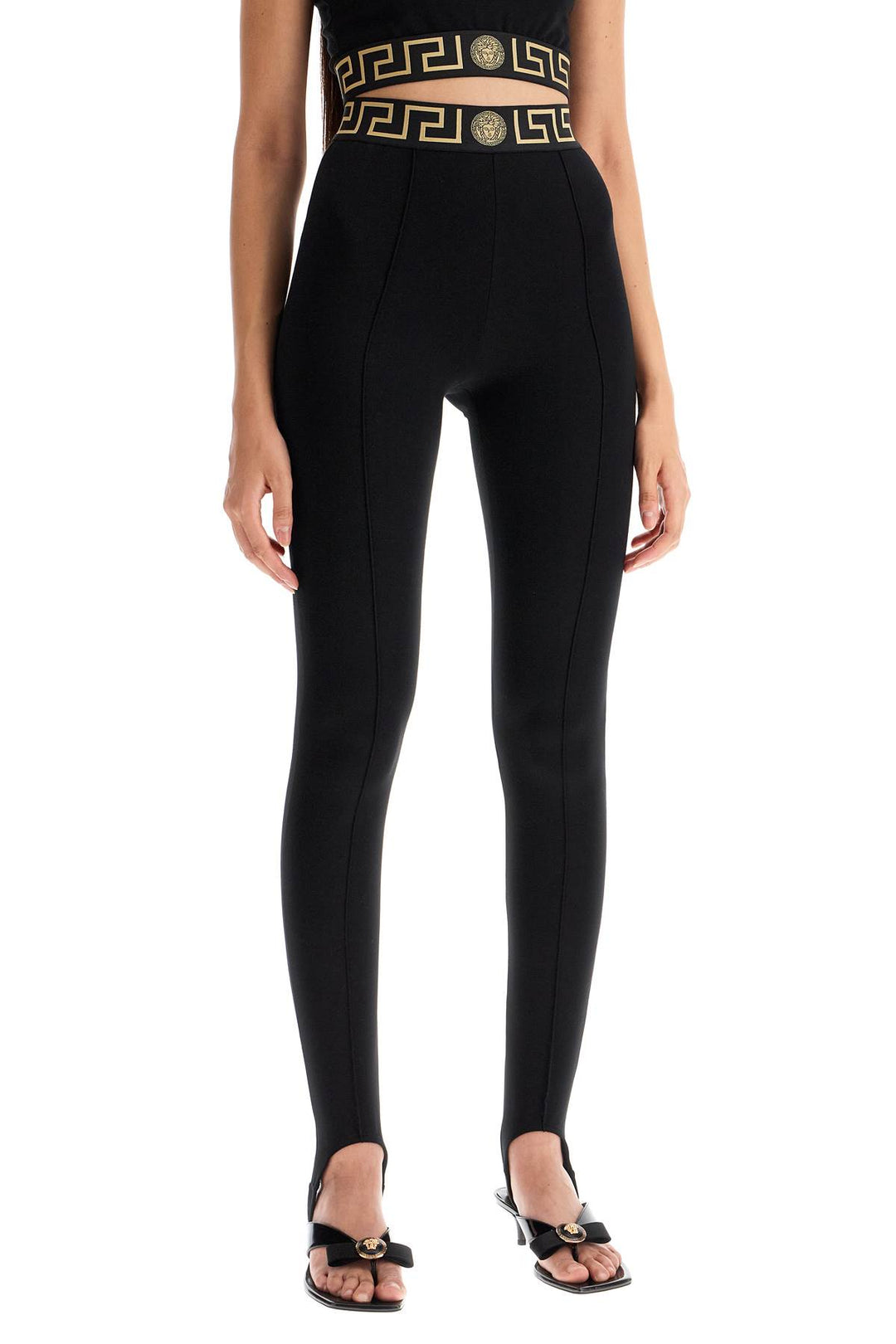 Versace Leggings With Stirrup And Greek Band   Black