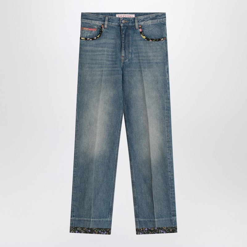 ボトムスその他 Valentino Washed blue jeans with floral fabric trims Valentino Washed blue jeans with floral fabric trims