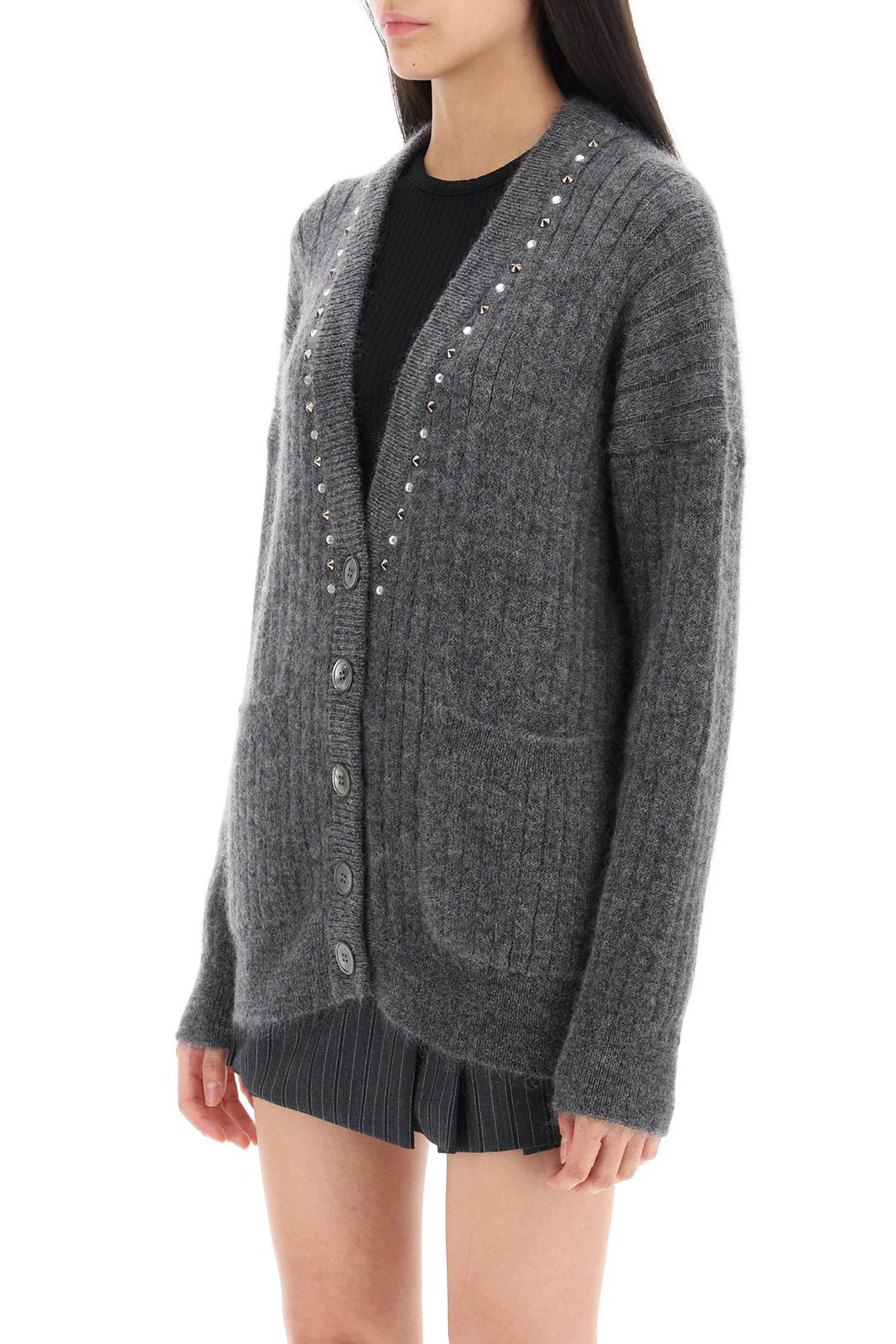 Alessandra Rich Cardigan With Studs And Crystals   Grigio