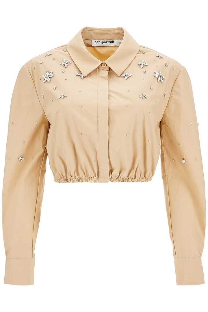 Self Portrait Cropped Shirt With Crystals   Beige