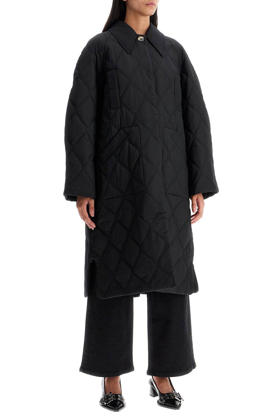 Ganni Long Quilted Padded Coat   Black