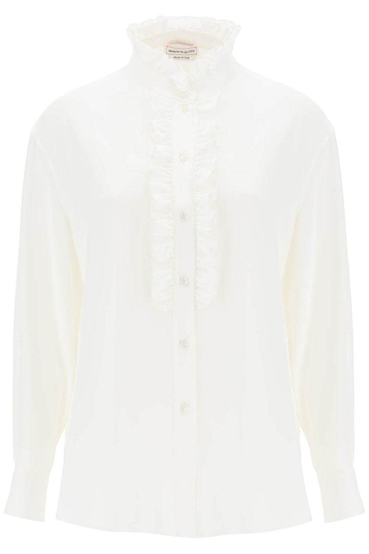 Alexander Mcqueen Silk Satin Shirt With Ruffles   Bianco