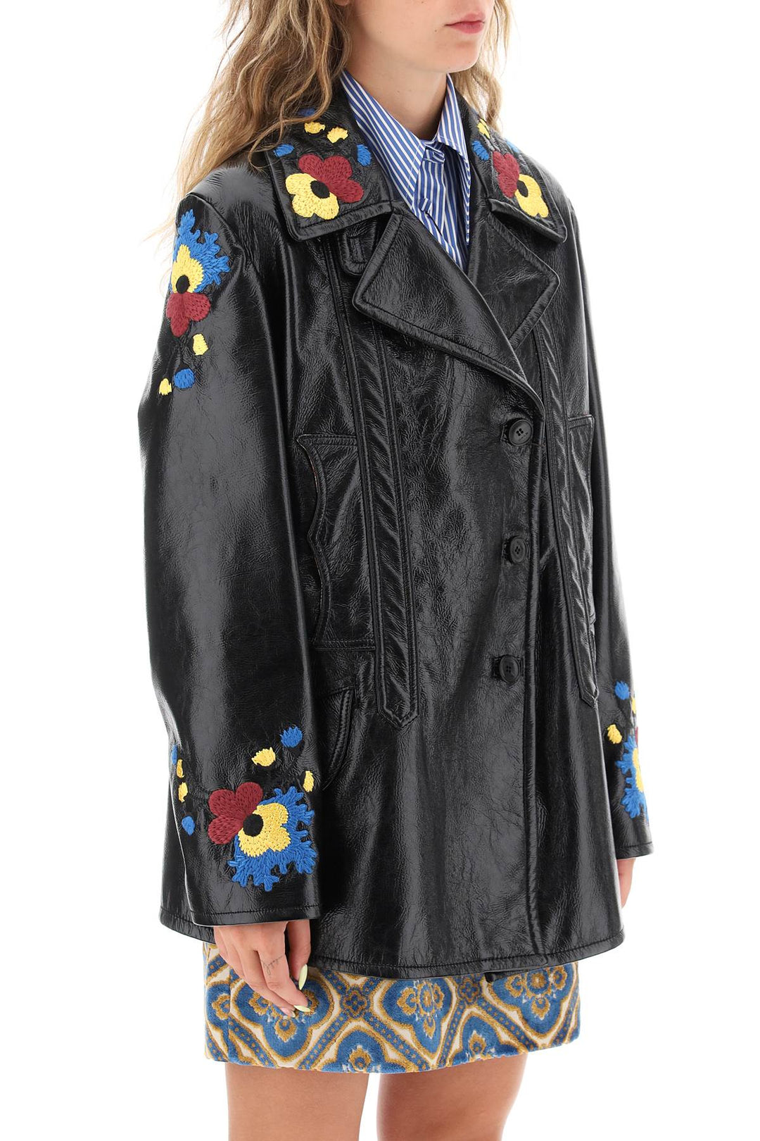 Etro Jacket In Patent Faux Leather With Floral Embroideries   Nero
