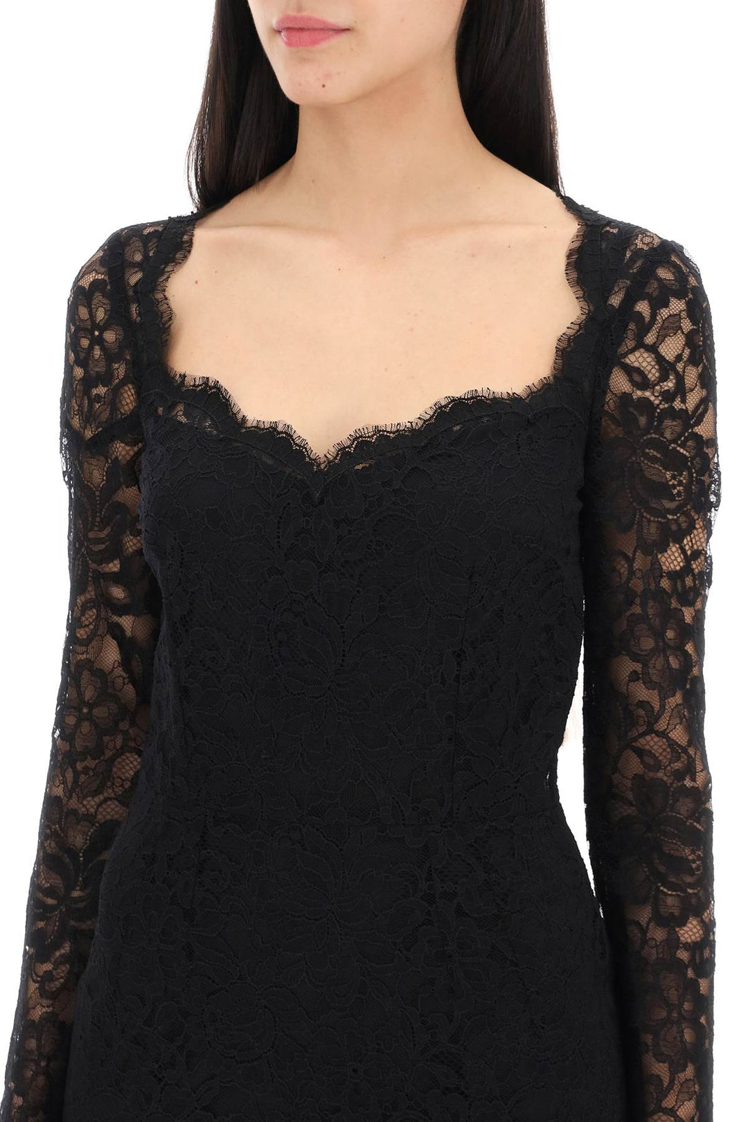 Dolce & Gabbana Midi Dress In Floral Chantilly Lace   Black